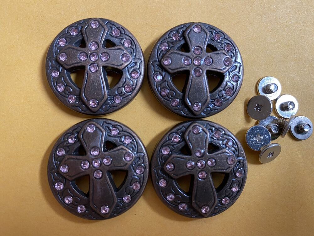 Lot of 4 Brown Conchos with Pink Rhinestone Cross with Screws New 1” Wide